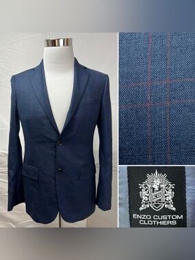 Bespoke Men’s 36R Slim Fit Enzo Custom Tailor Blue Red Plaid Wool Blazer Jacket